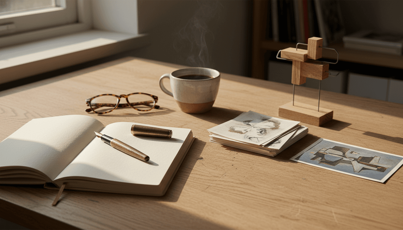 an artist's desk with an open notebook and fountain pen, stacks of printed pages, reading glasses, a coffee cup, a small wooden maquette, and a postcard of an artwork