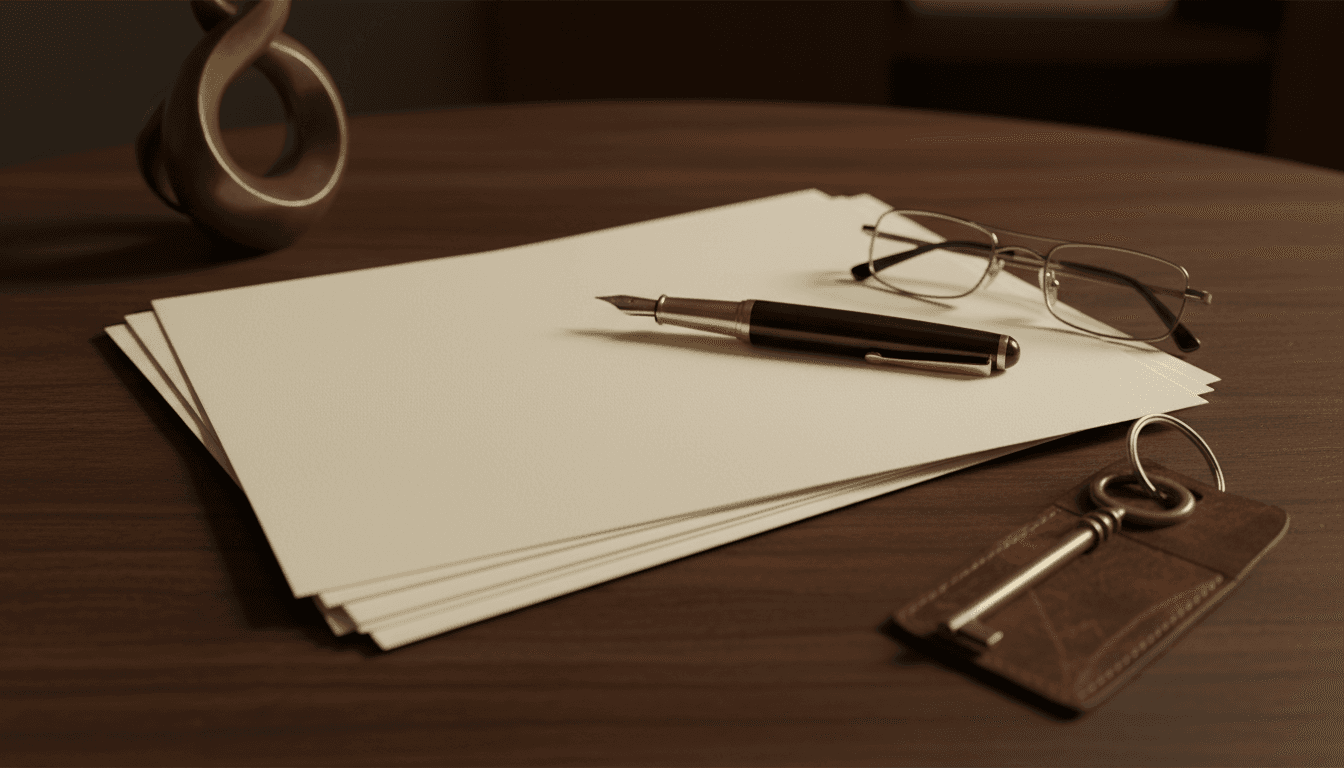 a stack of blank cream paper with a fountain pen, reading glasses, a gallery key on a leather fob, and a small bronze sculpture on a dark desk