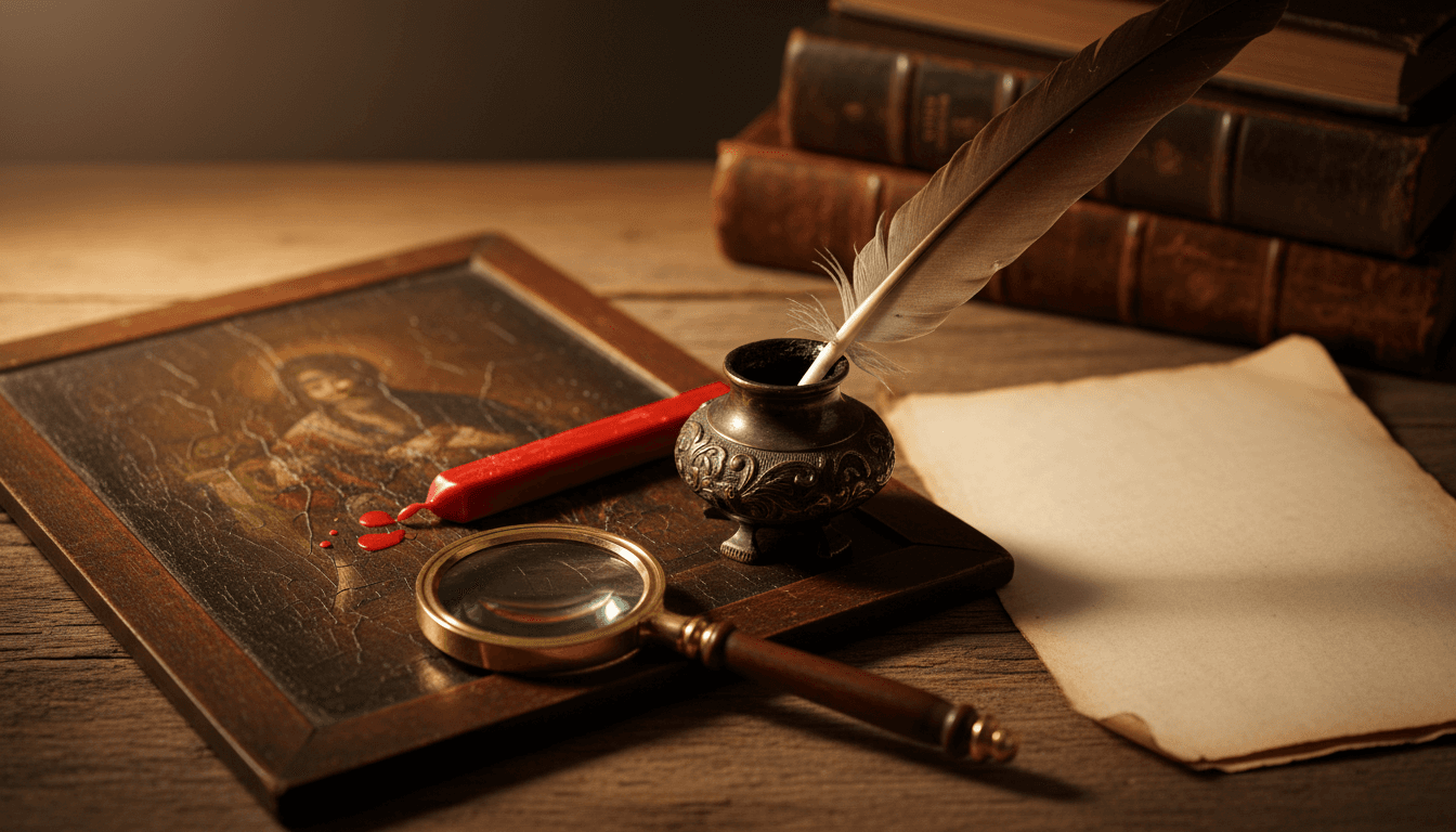 a quill pen in a brass inkwell with red sealing wax, a magnifying glass over the corner of a dark wooden panel painting, and a folded blank parchment