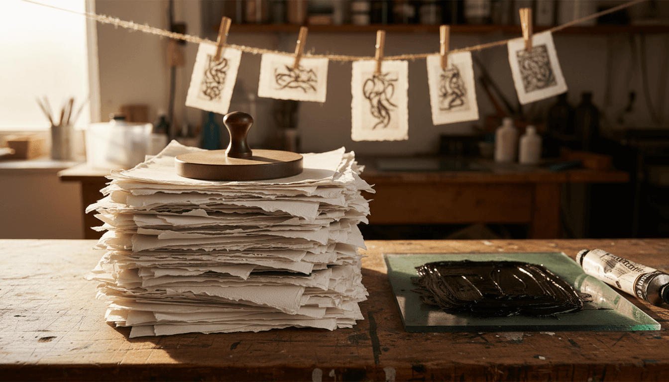 a stack of loose monochrome etchings on cotton paper with a baren on top, a glass plate of black ink, and an ink tube, with prints drying on a line behind