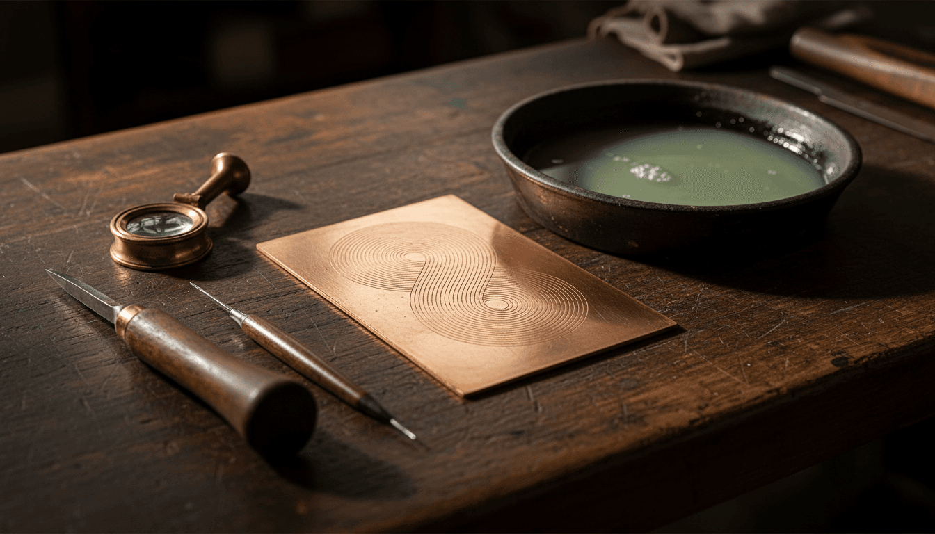 a polished copper printing plate with fine lines, a burin, an etching needle, and a loupe beside a tray of etching acid on a bench