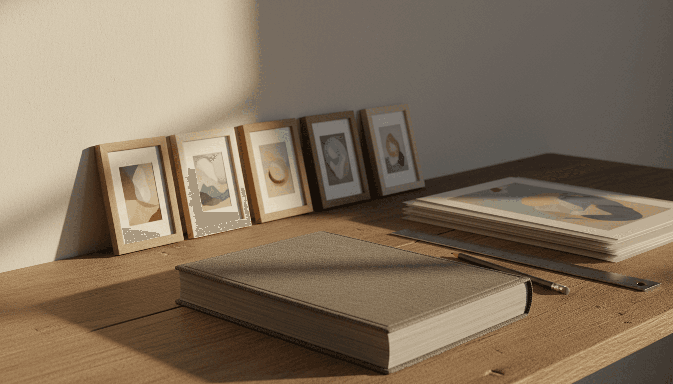 a row of small framed prints propped against a wall beside a stack of loose prints, a steel ruler, a pencil, and a clothbound ledger on a table