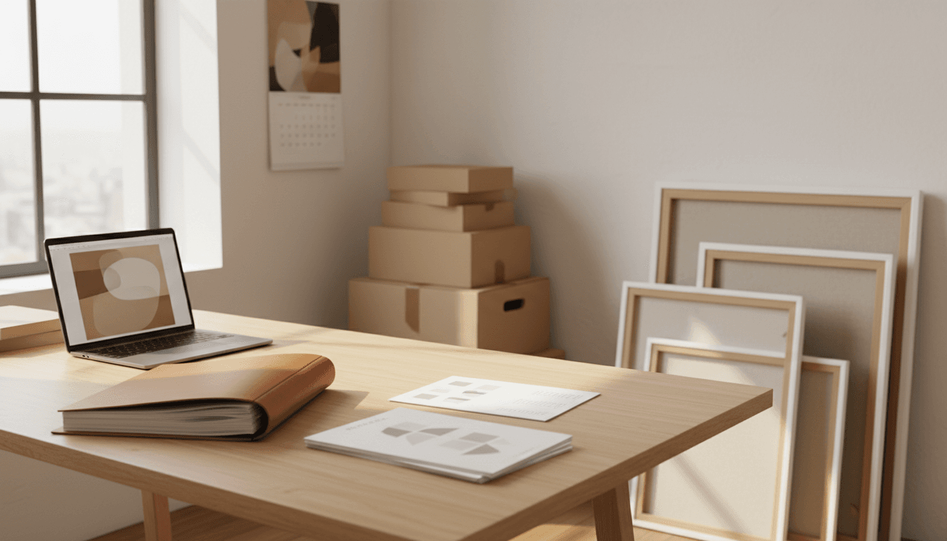 a tidy artist's studio office with framed works on a wall, a laptop on a desk beside a ledger and price list, shipping boxes, and a calendar